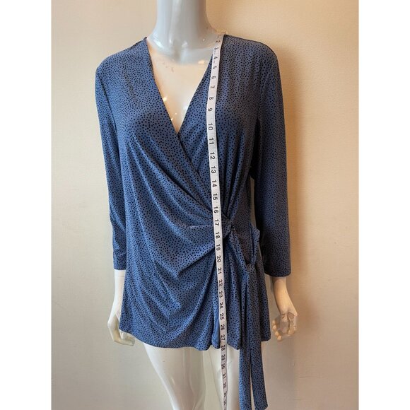 Anne Klein Women Wrap Blouse Top Polka Dots Long Sleeve Drawstring Blue Sz Large - Picture 3 of 8